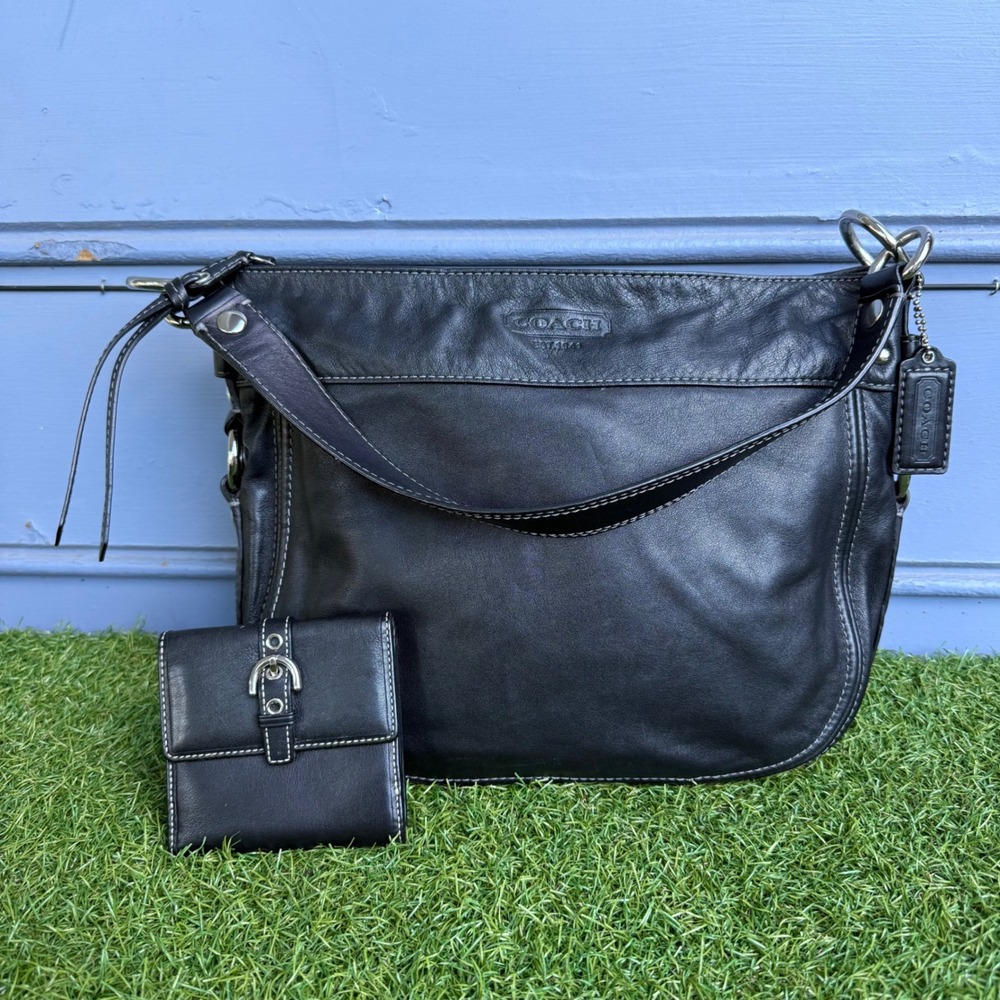 Vtg Y2K Coach Zoe Black Leather Hobo Shoulder Bag and Buckle Wallet Set Preppy